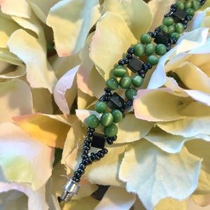 Stone Bead Bracelet Hematite and Green